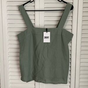 NWT DKNY Pure Women's Linen Textured Split Hem Tank Top Blouse Size M Sage Green